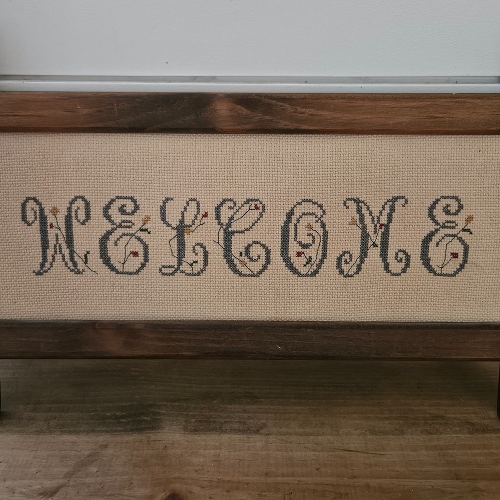 Granny Cottagecore Welcome Cross Stitch Wall Hanging Rustic Wood Frame Handmade - Picture 2 of 9
